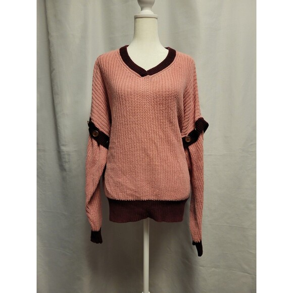 Umgee Sweater Womens 1X Detachable Sleeve V Neck Oversized Knit Pink Burgundy - Picture 1 of 12